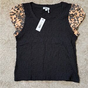 NWT DKNY Black Knit Top with Leopard-Print Puff Sleeves